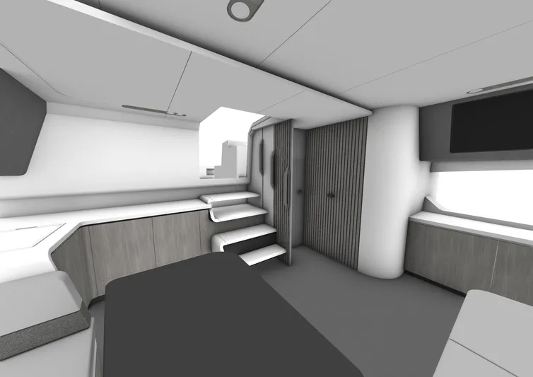 Maori 64 Yacht Photos Pics Modern interior of Maori M64 yacht, 2025 model, featuring sleek design and minimalist decor.