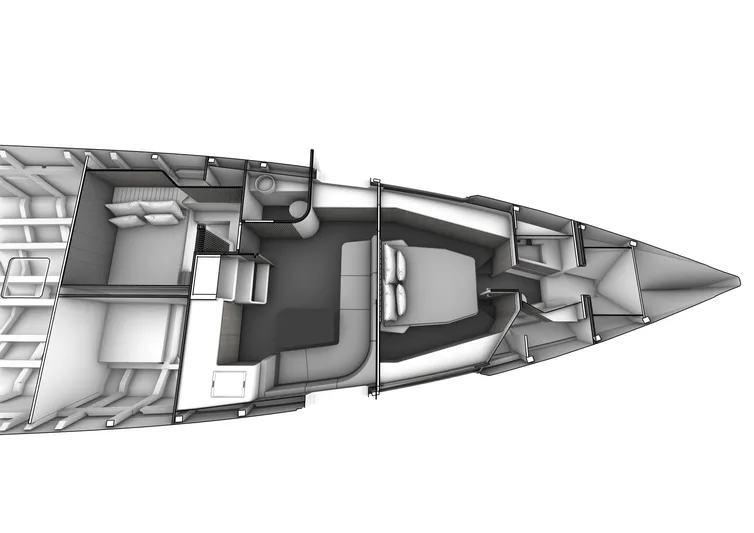 Maori 64 Yacht Photos Pics Top view of 2025 Maori M64 yacht interior layout, showcasing cabin and seating areas.