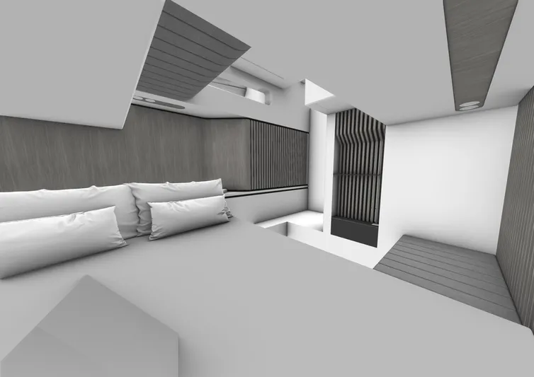 Maori 64 Yacht Photos Pics Modern interior of Maori M64 yacht, 2025 model, featuring sleek design and minimalist decor.