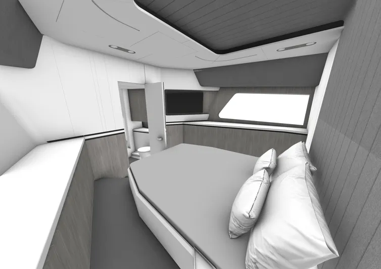 Maori 64 Yacht Photos Pics Luxurious interior of 2025 Maori M64 yacht with modern bedroom design.