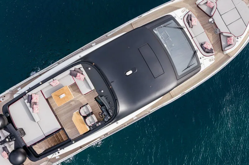  Yacht Photos Pics Top view of 2026 Cranchi Sessantasette 67 Corsa yacht with elegant deck design.