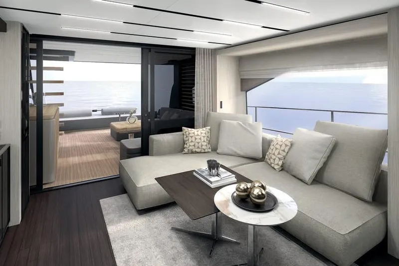  Yacht Photos Pics Luxurious interior of 2026 Cranchi Sessantasette 67 Corsa yacht with modern furnishings.