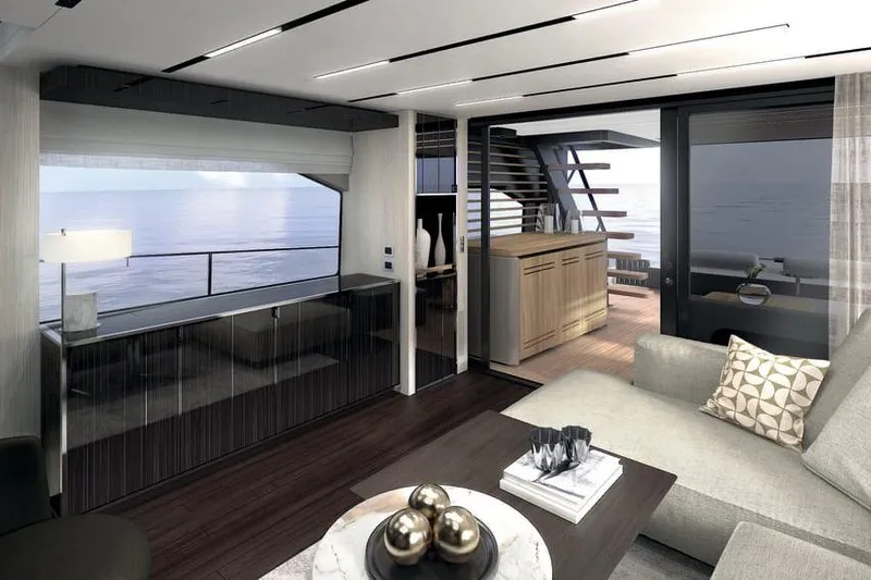  Yacht Photos Pics Luxurious interior of 2026 Cranchi Sessantasette 67 Corsa yacht with modern design and ocean view.