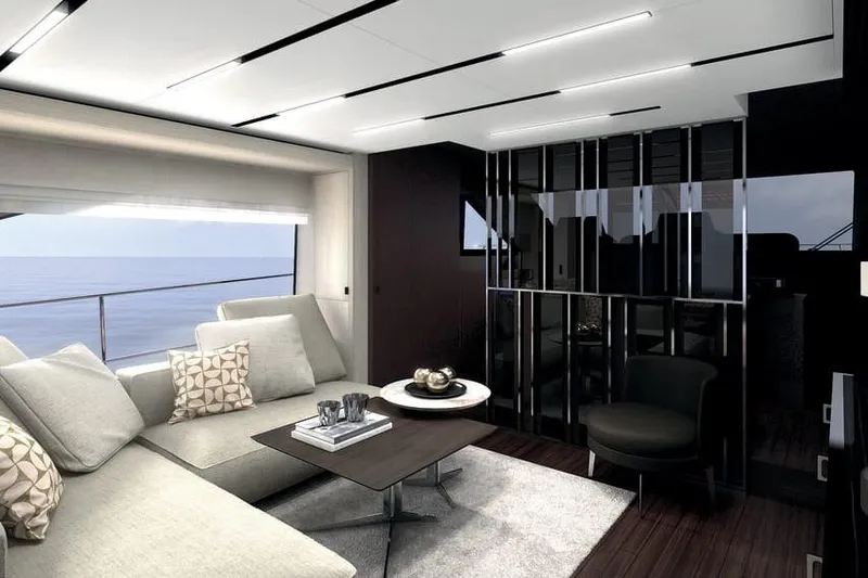  Yacht Photos Pics Luxurious interior of 2026 Cranchi Sessantasette 67 Corsa yacht with modern furnishings.