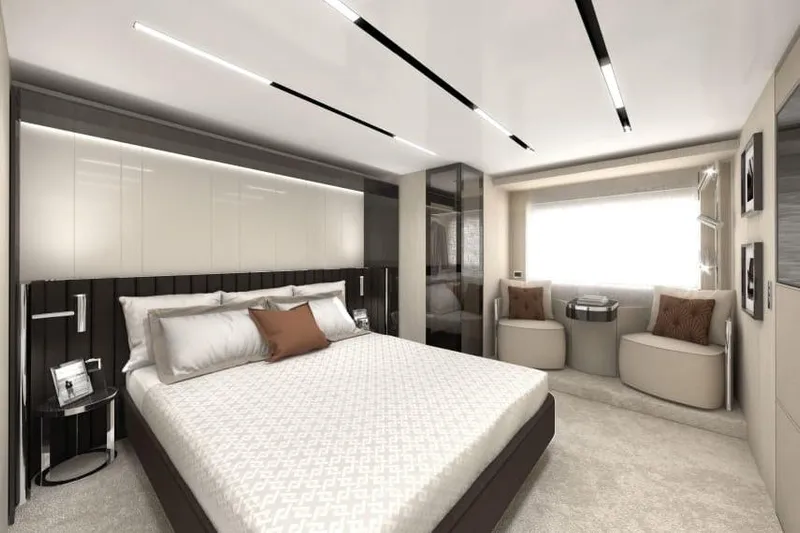  Yacht Photos Pics Luxurious bedroom interior of 2026 Cranchi Sessantasette 67 Corsa yacht, featuring modern design.