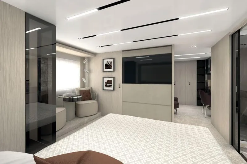  Yacht Photos Pics Luxurious interior of 2026 Cranchi Sessantasette 67 Corsa yacht, featuring modern design and elegant furnishings.