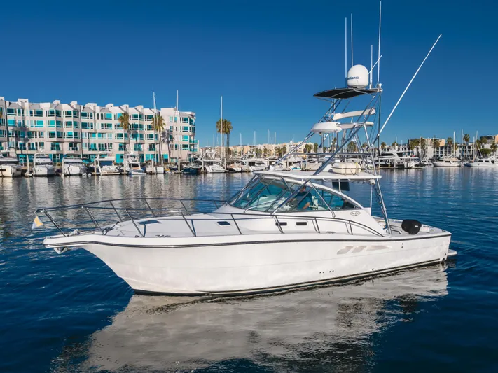 Pez Finder Yacht Photos Pics 2006 Rampage 38 Express yacht docked in a marina with clear blue skies.