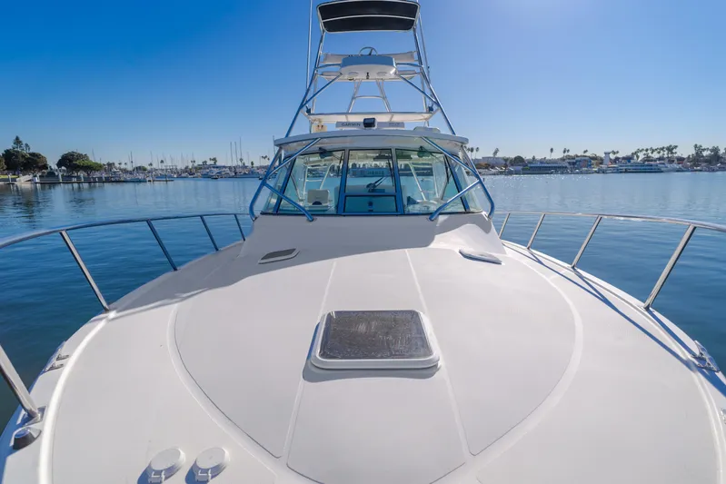 Pez Finder Yacht Photos Pics 2006 Rampage 38 Express boat on calm water, clear sky, marina in background.