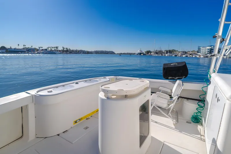 Pez Finder Yacht Photos Pics 2006 Rampage 38 Express boat deck with ocean view and clear blue sky.