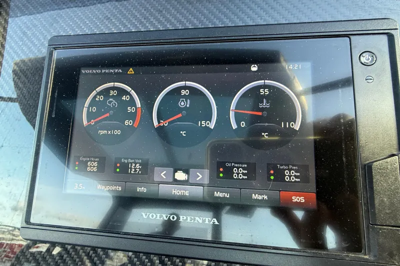 King Mouss Yacht Photos Pics Volvo Penta display on 2020 Pardo Yachts 43 showing engine metrics and controls.