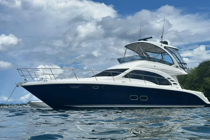  Yacht Photos Pics 2005 Sea Ray 500 Sedan Bridge yacht on calm water under cloudy sky.