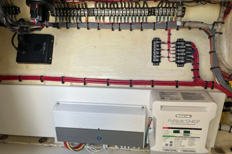  Yacht Photos Pics Electrical system of a 2022 SeaVee 370z boat with ProNautic charger and wiring.