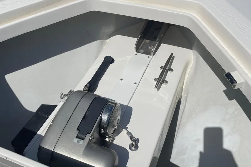  Yacht Photos Pics 2022 SeaVee 370z boat anchor compartment with winch and cleat.