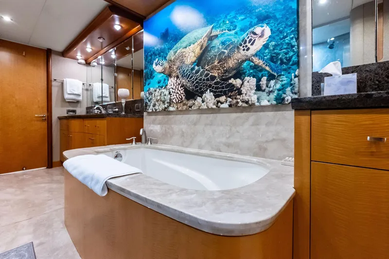 Voyager Yacht Photos Pics Luxurious bathroom in 2006 Lazzara Skylounge yacht with turtle artwork above bathtub.