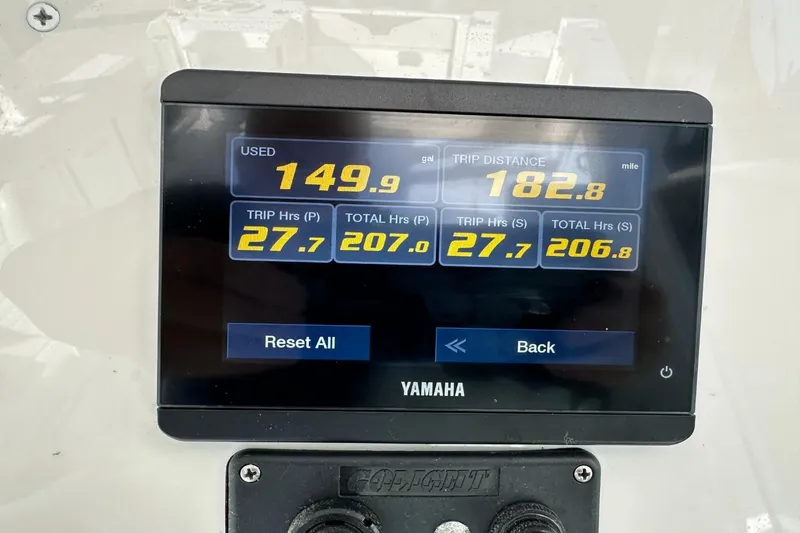  Yacht Photos Pics Yamaha display showing fuel usage and trip data on Sailfish 316 DC, 2023 model.