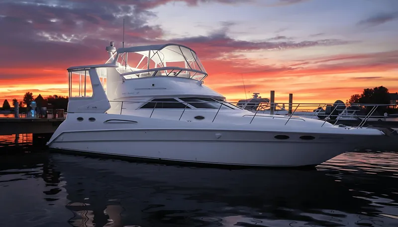 Optics Yacht Photos Pics 1999 Sea Ray 420 Aft Cabin yacht at sunset, docked on calm water.