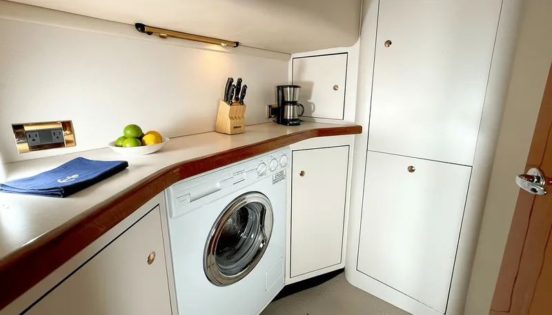 Optics Yacht Photos Pics 1999 Sea Ray 420 Aft Cabin kitchen with washer, fruit bowl, and coffee maker.