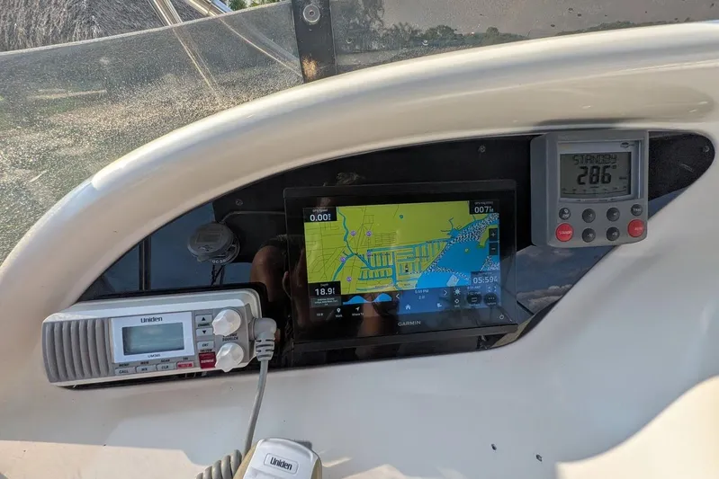  Yacht Photos Pics Control panel of a 2001 Azimut 46 yacht with navigation and communication devices.