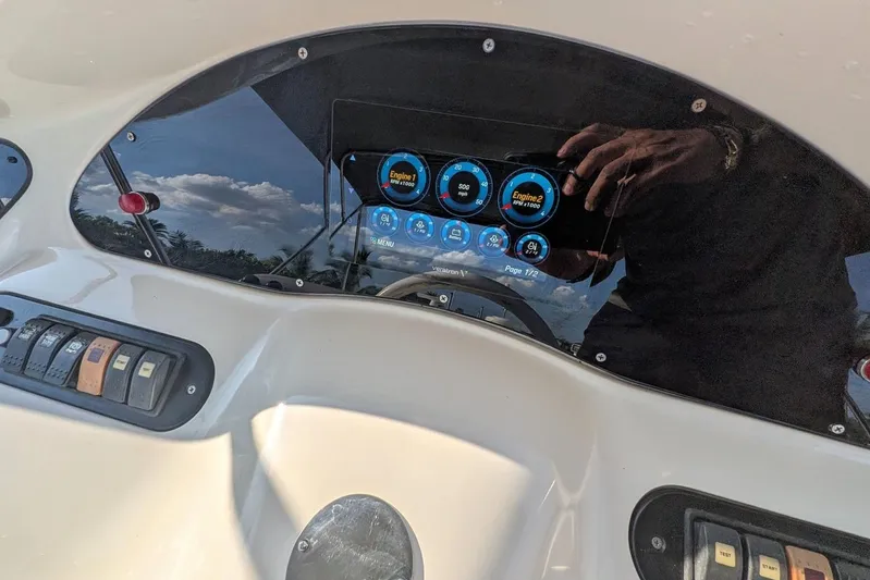  Yacht Photos Pics Control panel of a 2001 Azimut 46 yacht with digital displays and switches.