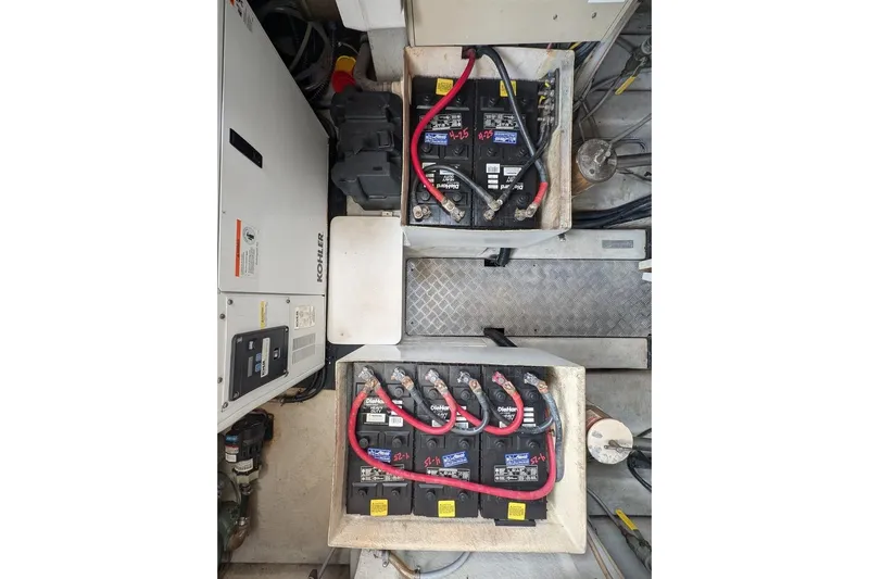  Yacht Photos Pics Engine room of 2001 Azimut 46 yacht with batteries and Kohler generator.