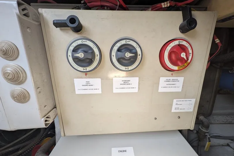  Yacht Photos Pics Control panel of a 2001 Azimut 46 yacht with labeled switches and dials.