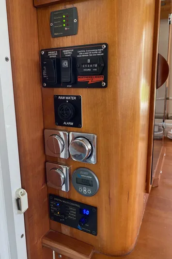 Magic Yacht Photos Pics Control panel on a 2008 PDQ MV-41 boat with various switches and dials.