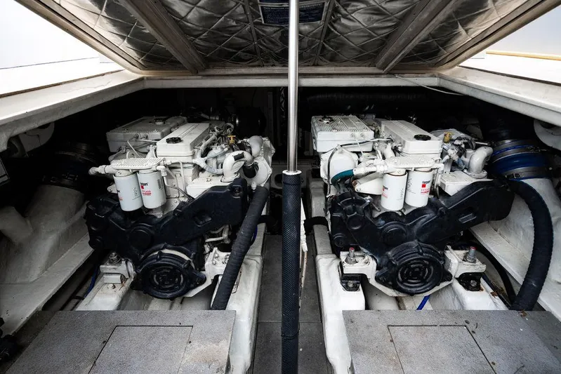  Yacht Photos Pics Engine compartment of 2015 CNM 43 Continental yacht, featuring dual engines.