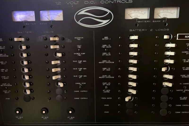 Sunflower Yacht Photos Pics Control panel of a 2002 Silverton 453 Motor Yacht, featuring 12-volt DC controls.