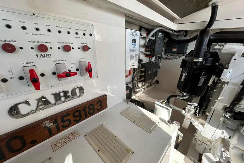 Niala Yacht Photos Pics Control panel of a 2004 Cabo 35 Express Sportfish boat engine room.