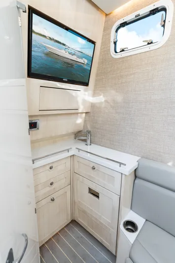  Yacht Photos Pics Luxurious interior of 2023 HCB 42 Lujo boat with modern amenities and sleek design.