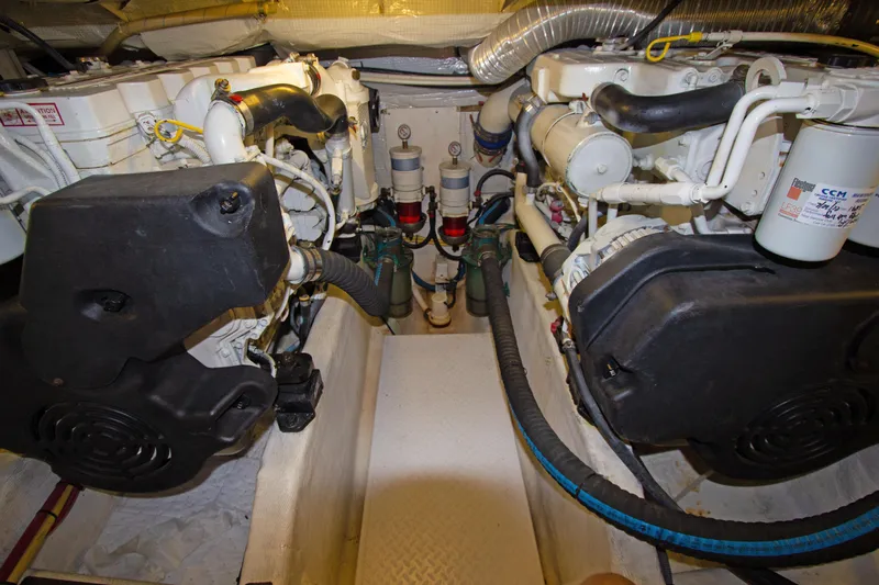 Starlight Yacht Photos Pics Engine room of a 2010 Sabre 40 Hardback Express yacht with dual engines.