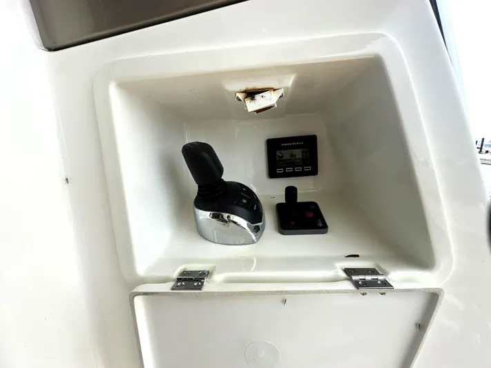 Grand Cru Yacht Photos Pics Control panel of a 2017 Prestige 500 S yacht, featuring joystick and display.