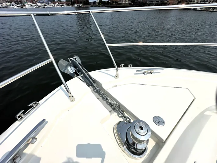 Grand Cru Yacht Photos Pics Bow of 2017 Prestige 500 S yacht with anchor chain and winch.