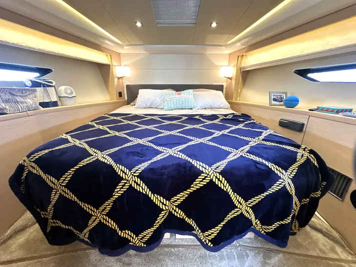 Grand Cru Yacht Photos Pics Luxurious bedroom interior of 2017 Prestige 500 S yacht with elegant bedding and ambient lighting.