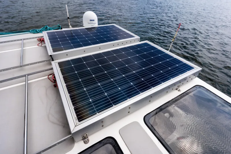 Walkabout Yacht Photos Pics Solar panels on 2019 Royal Cape Catamarans Majestic 530, harnessing renewable energy on water.