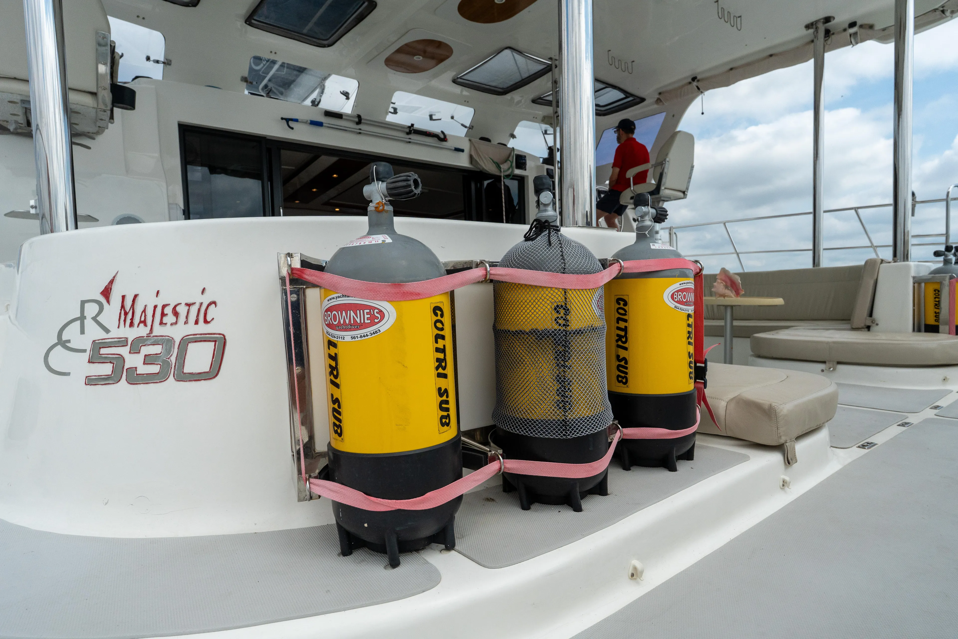 Walkabout Yacht Photos Pics 2019 Royal Cape Catamarans Majestic 530 with scuba tanks on deck.
