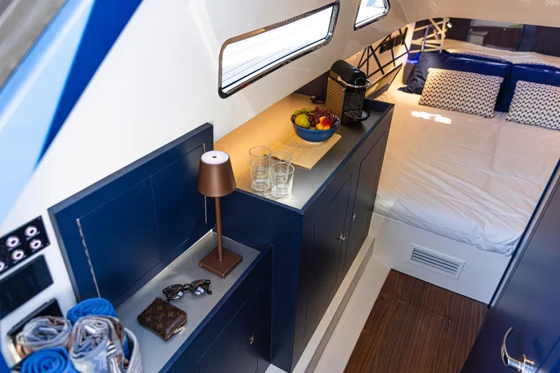 Granturismo 14.0 X Yacht Photos Pics Luxurious interior of 2024 Lomac GranTurismo 14.0 yacht with cozy bedroom and modern amenities.