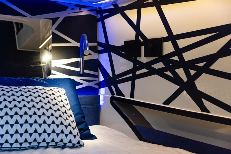 Granturismo 14.0 X Yacht Photos Pics Luxurious interior of 2024 Lomac GranTurismo 14.0 with modern geometric design and ambient lighting.