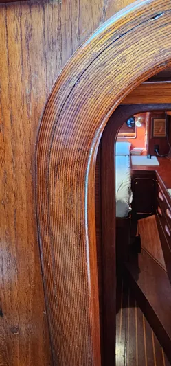 Burgoo Yacht Photos Pics Interior view of 1980 Gulfstar 47 Sailmaster, showcasing wooden craftsmanship.