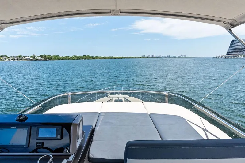 Sea Whisperer Yacht Photos Pics 2019 Galeon 500 Fly yacht with spacious deck, overlooking serene blue waters.