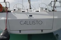 Bavaria C45 yacht "Callisto" docked, rear view, featuring dual steering wheels, 2020 model.