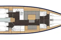Floor plan of a 2020 Bavaria C45 yacht, featuring cabins, kitchen, and seating area.