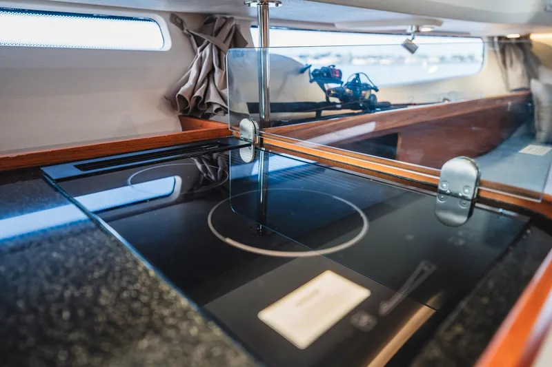 Lady Lindy Yacht Photos Pics Modern kitchen in 2021 Nimbus C-11 boat with sleek induction cooktop.