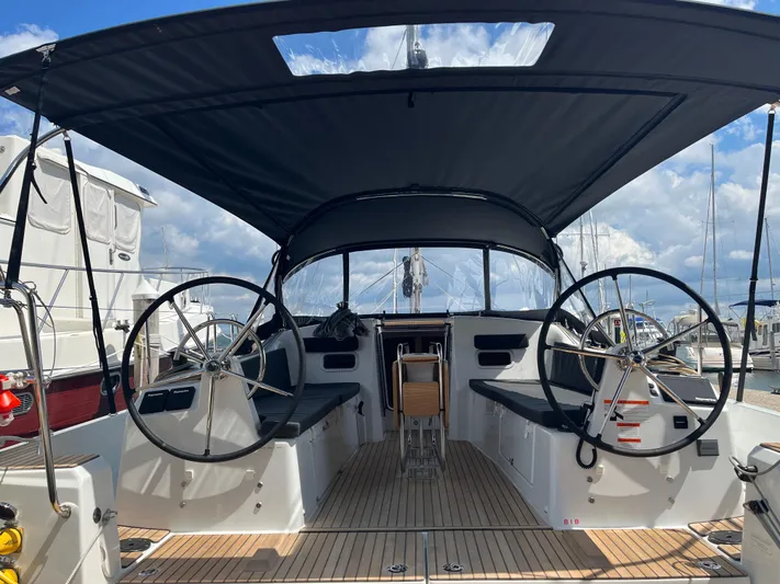 Resfeber Yacht Photos Pics 2023 Jeanneau Sun Odyssey 380 cockpit with dual steering wheels and canopy.