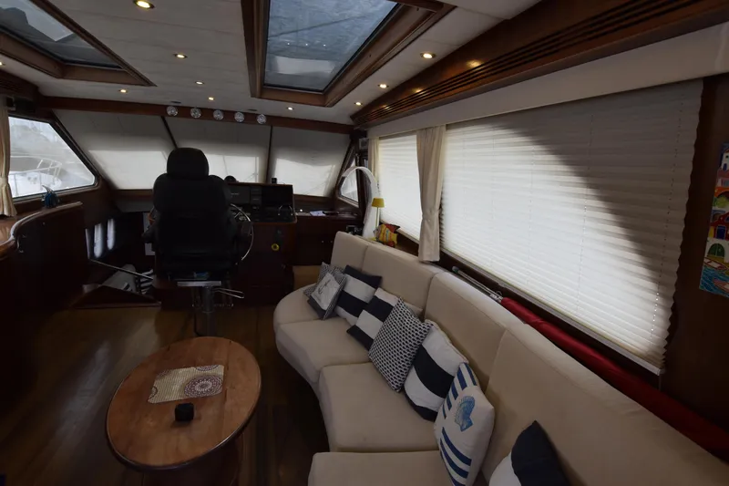 Vesuvio Yacht Photos Pics Luxurious interior of 2007 Pacific Prestige 170 yacht with plush seating and modern helm.