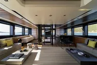 Luxurious interior of 2021 Wally WHY 200 yacht with modern furnishings and panoramic windows.