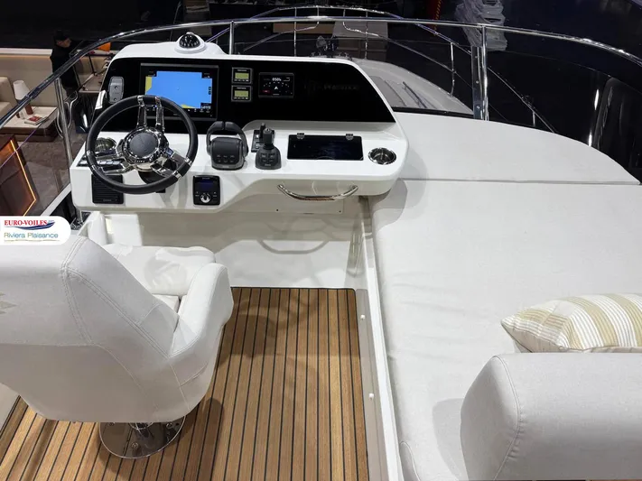 Yacht Photos Pics Luxury yacht cockpit with modern controls, Prestige F4.3, 2025 model, featuring sleek design and comfort.