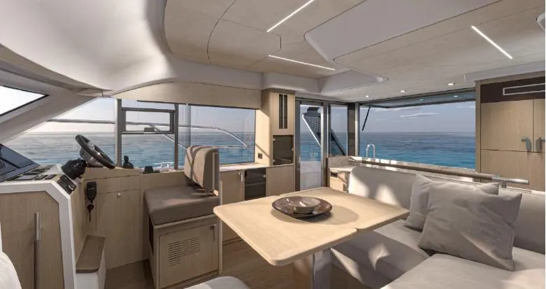  Yacht Photos Pics Luxurious interior of 2025 Prestige F4.3 yacht with ocean view and modern furnishings.