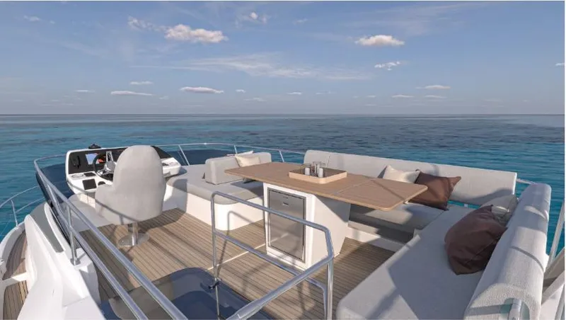  Yacht Photos Pics Luxury Prestige F4.3 yacht deck with seating, table, and ocean view, 2025 model.