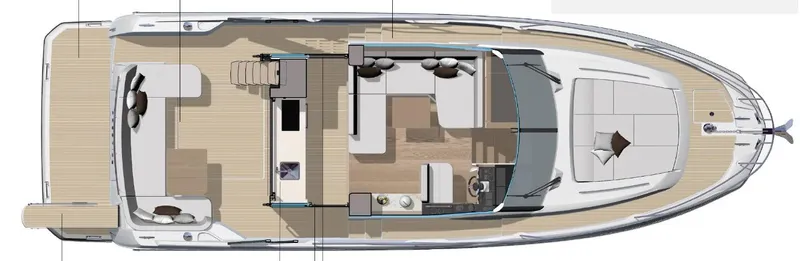  Yacht Photos Pics Top view of 2025 Prestige F4.3 yacht layout, showcasing interior and deck design.